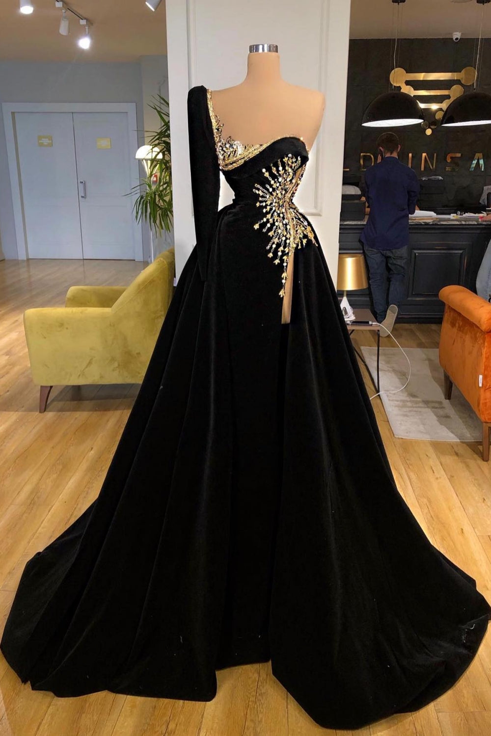 One Shoulder Black Velvet A-line Prom Dress with Beads and Sequins-BallBride