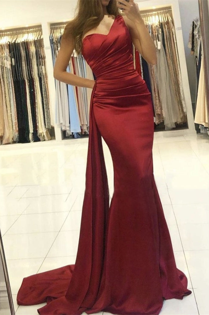 One Shoulder Burgundy Mermaid Prom Dress With Ruffle-BallBride