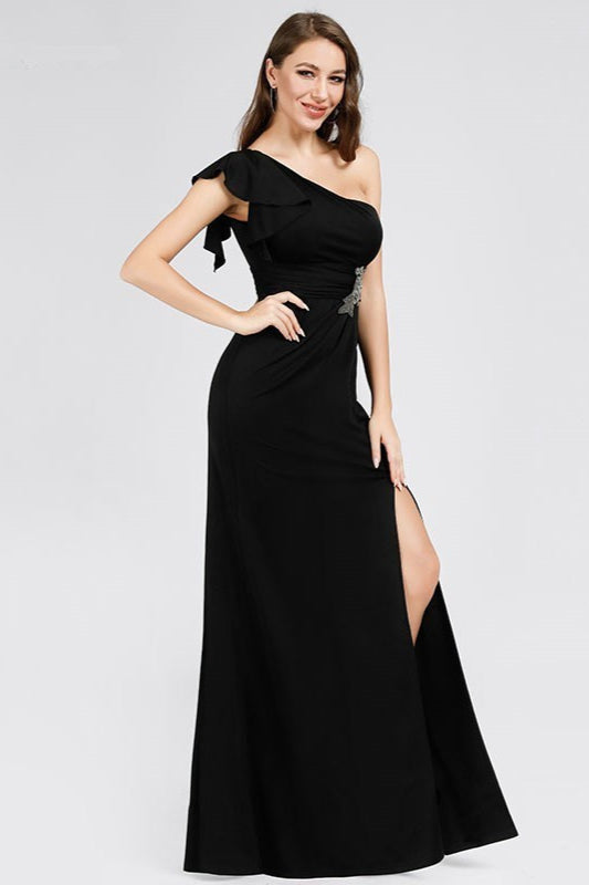 One Shoulder Chic Black Evening Gowns With Slit-BallBride