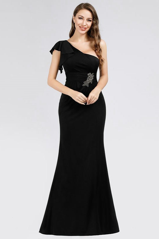 One Shoulder Chic Black Evening Gowns With Slit-BallBride