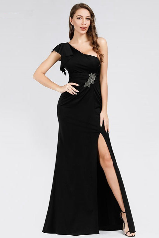 One Shoulder Chic Black Evening Gowns With Slit-BallBride