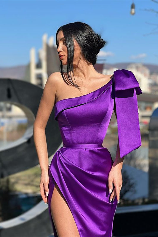 One-Shoulder Long Mermaid Evening Dress with Split - Purple-BallBride