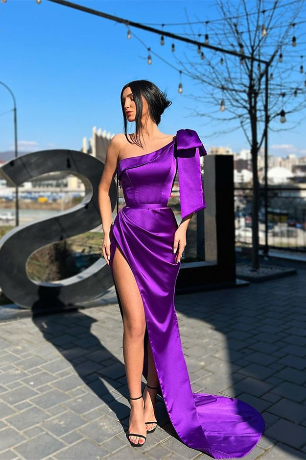 One-Shoulder Long Mermaid Evening Dress with Split - Purple-BallBride