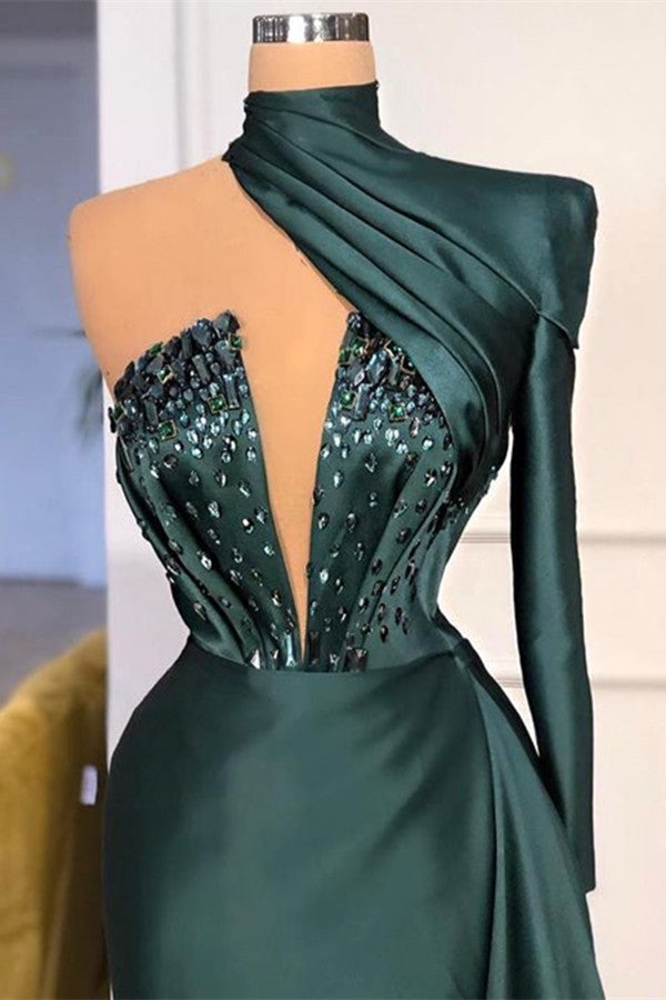 One Shoulder Long Prom Dress Dark Green with Sequins-BallBride