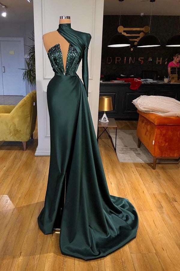 One Shoulder Long Prom Dress Dark Green with Sequins-BallBride