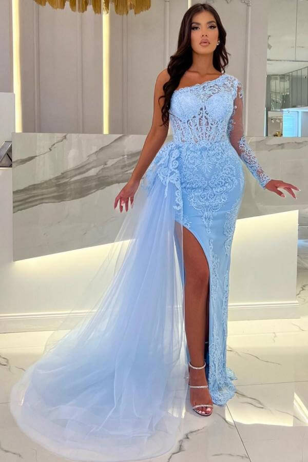 One Shoulder Long Sleeve Lace Split Mermaid Prom Dress with Tulle Train-BallBride