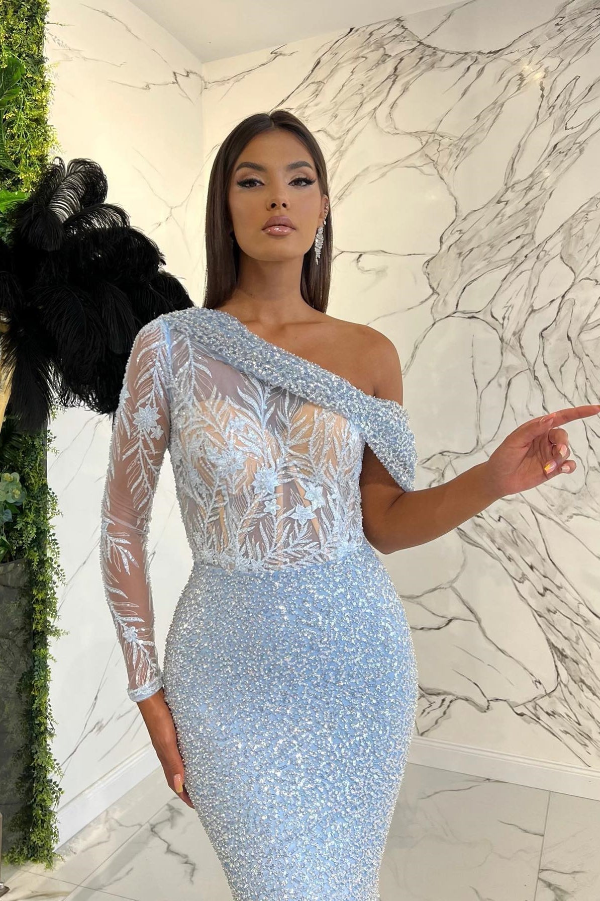 One Shoulder Long Sleeve Mermaid Evening Dress with Sequins-BallBride