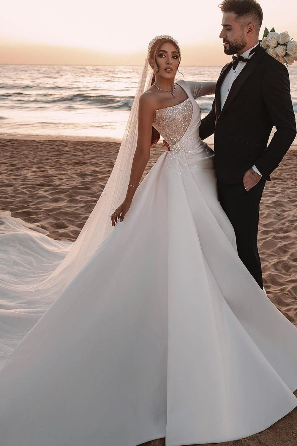 One Shoulder Long Sleeves Wedding Dress With Sparkling Sequins-BallBride