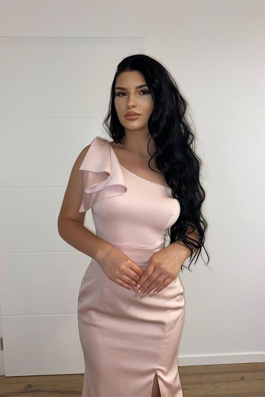 One Shoulder Pink Mermaid Split Long Prom Dress - Classy Look-BallBride