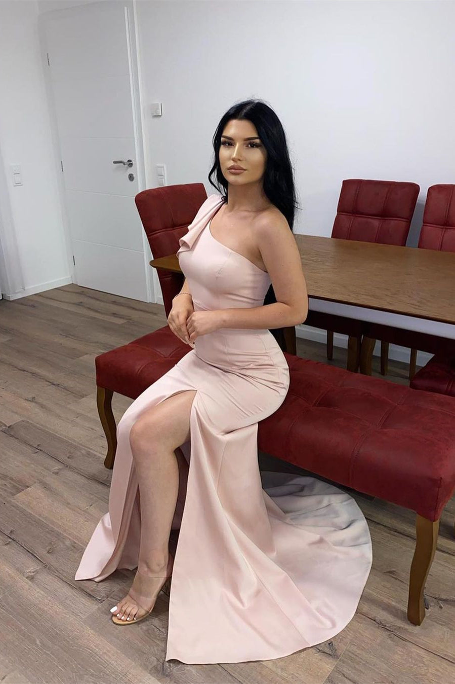 One Shoulder Pink Mermaid Split Long Prom Dress - Classy Look-BallBride