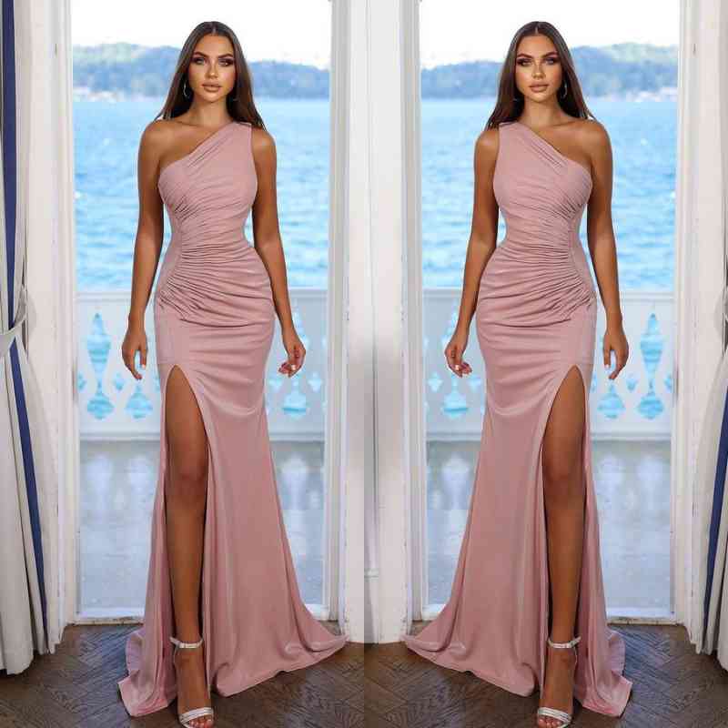 One Shoulder Prom Dress with Split - Simple Pink-BallBride