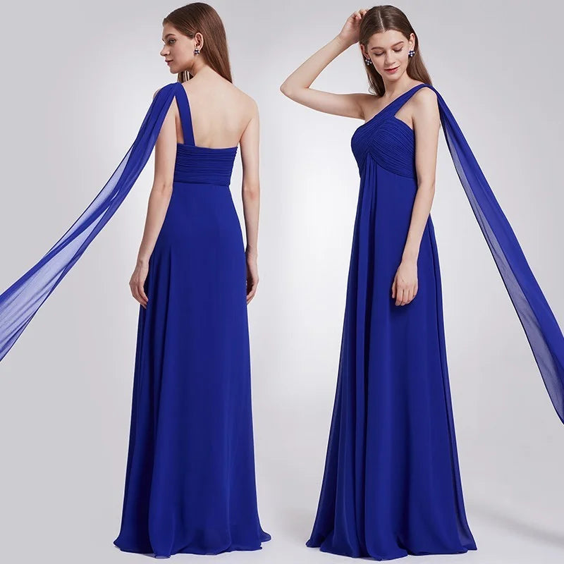 One Shoulder Ruffles Chiffon Long Evening Gowns-BallBride