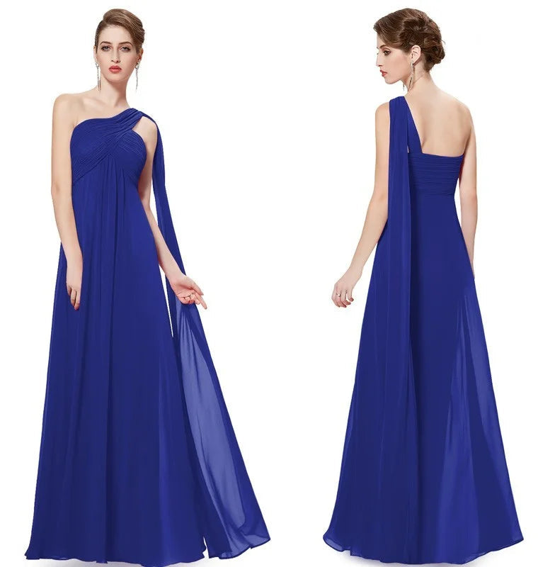 One Shoulder Ruffles Chiffon Long Evening Gowns-BallBride
