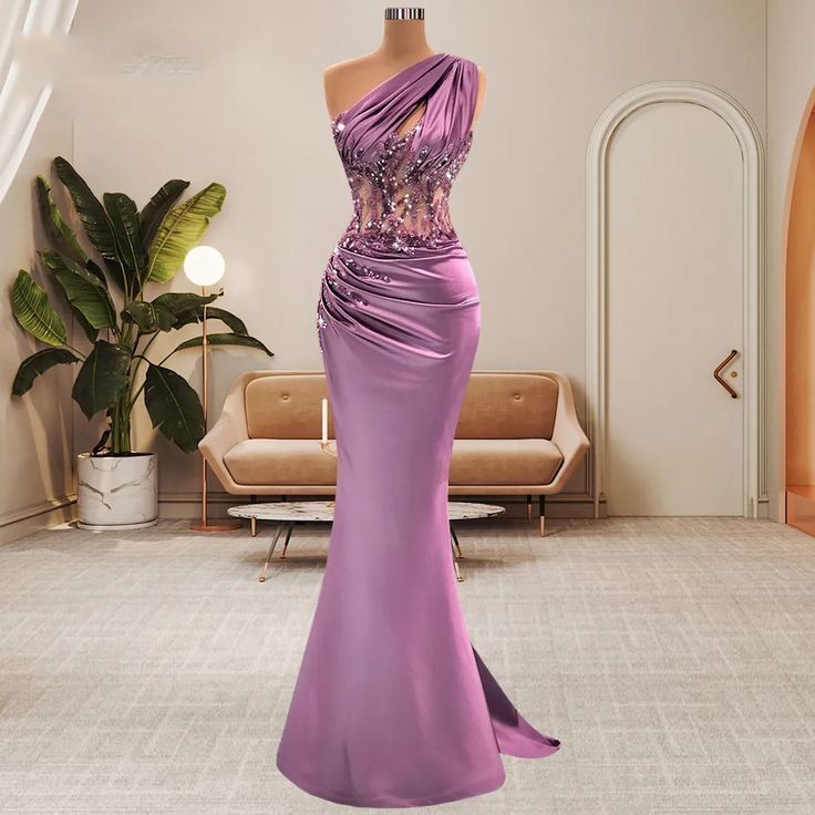 One Shoulder Sleeveless Mermaid Long Satin Prom Dress with Beads-BallBride
