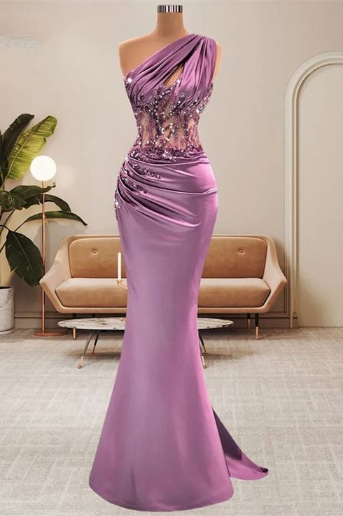 One Shoulder Sleeveless Mermaid Long Satin Prom Dress with Beads-BallBride