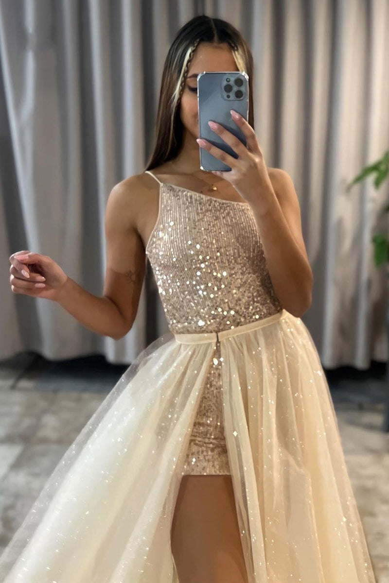 One Shoulder Sleeveless Prom Dress - Tulle With Sequins Slit, New Arrival-BallBride
