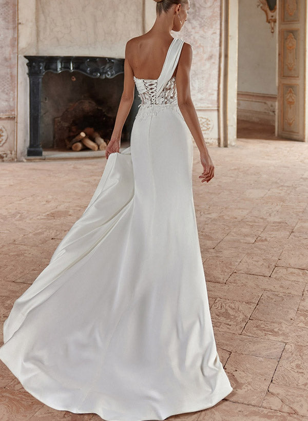 One-Shoulder Sleeveless Satin Wedding Dresses High Split-BallBride