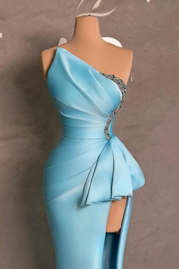 One Shoulder Split Front Blue Ruched Satin Mermaid Prom Dress with Beads-BallBride