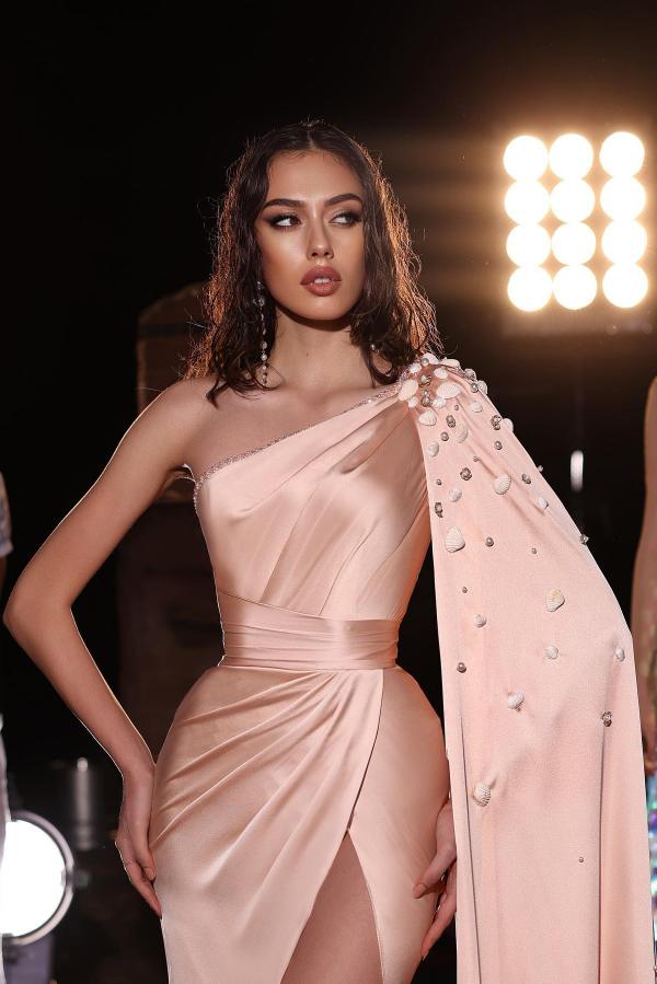 One Shoulder Split Front Rosegold Satin Draped Mermaid Prom Dress with Shawls-BallBride