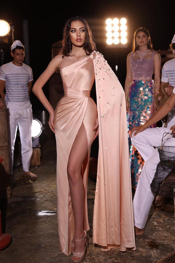 One Shoulder Split Front Rosegold Satin Draped Mermaid Prom Dress with Shawls-BallBride