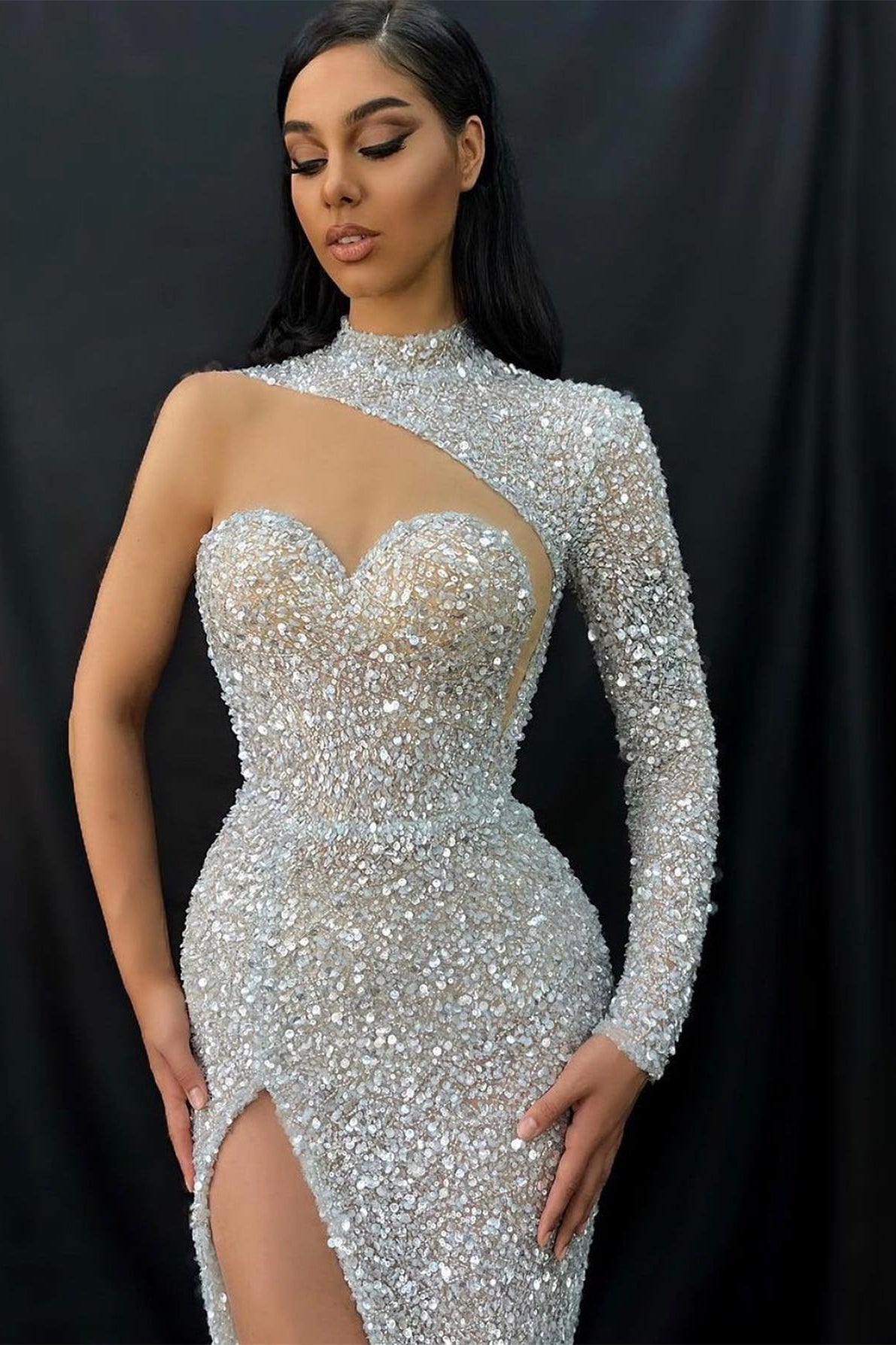 One Shoulder Sweetheart Evening Dress with Split Sequins and Long Sleeves High Collar-BallBride