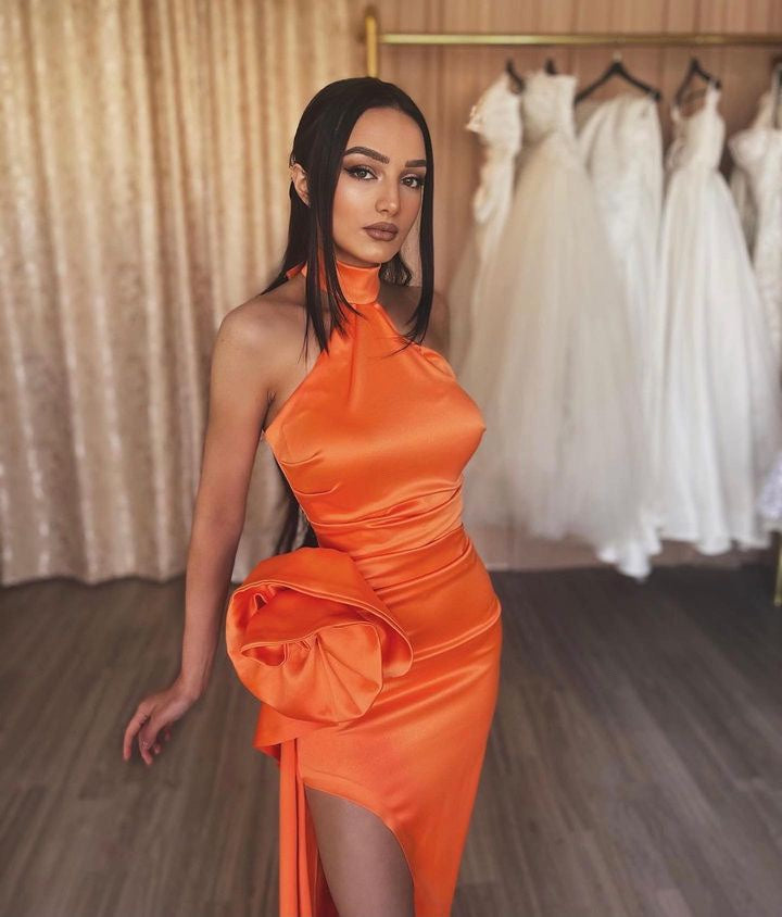 Orange Flower Halter Split Prom Dress-BallBride