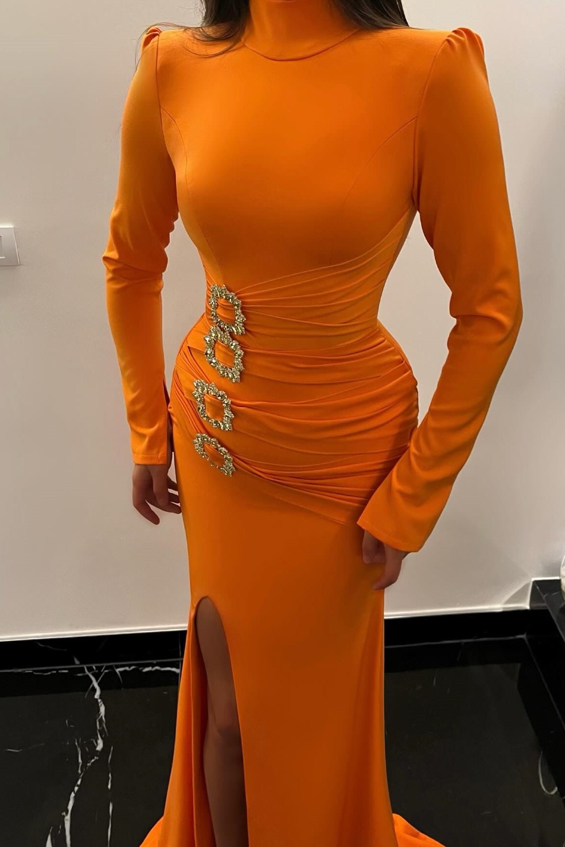 Orange High Neck Long Sleeve Mermaid Prom Dress with Slit-BallBride