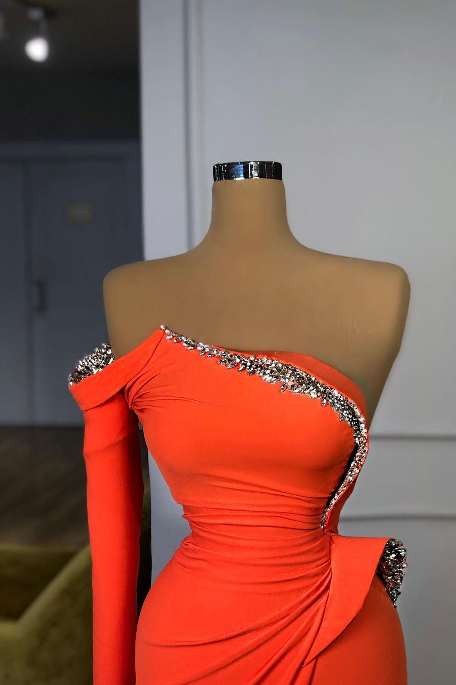Orange One-Shoulder Long Sleeve Crystal Prom Dress-BallBride