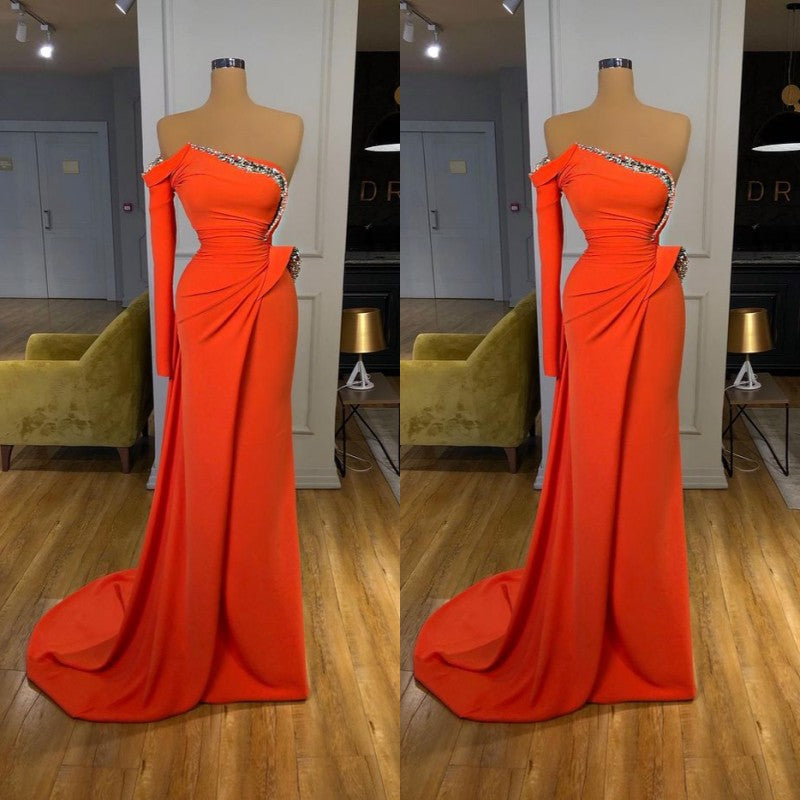 Orange One-Shoulder Long Sleeve Crystal Prom Dress-BallBride