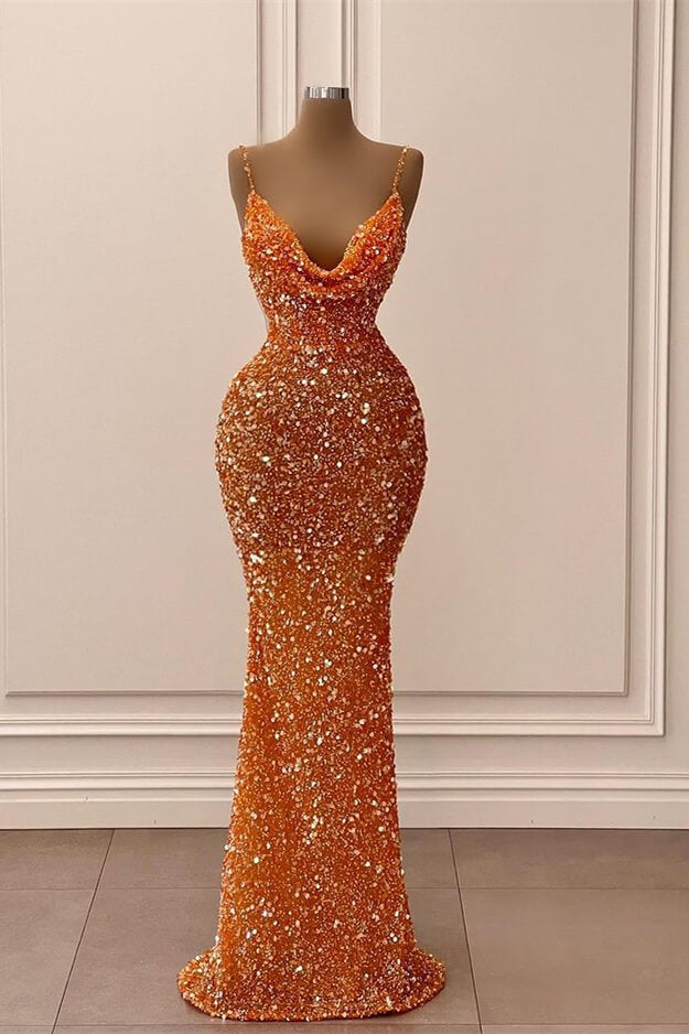 Orange V-Neck Spaghetti-Straps Long Mermaid Prom Dress with Sequins-BallBride