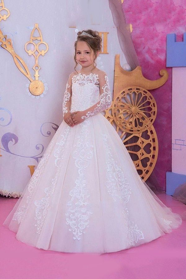 Organza Long Sleeves Scoop Ball Gown Flower Girl Dresses with Appliques-BallBride