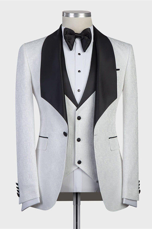 Paxton White Jacaquard Wedding Suits with Black Shawl Lapel-BallBride