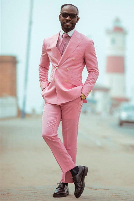 Peaked Lapel Pink Double Breasted Wedding Suit-BallBride