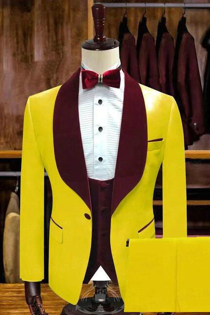 Pedro Yellow One Button Groom Suit with Velvet Lapel-BallBride
