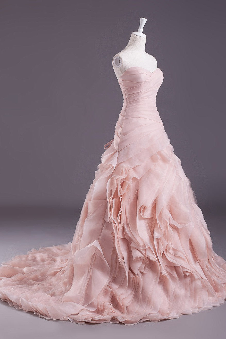 Pink A-Line Strapless Sweetheart Neck Tiered Sweep Wedding Gown-Ballbride