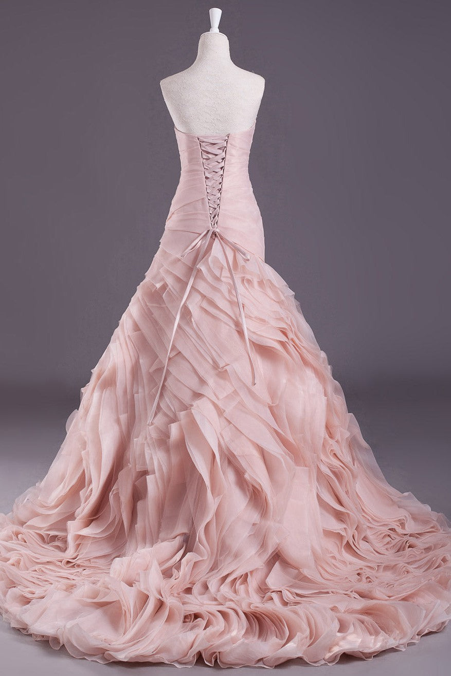 Pink A-Line Strapless Sweetheart Neck Tiered Sweep Wedding Gown-Ballbride