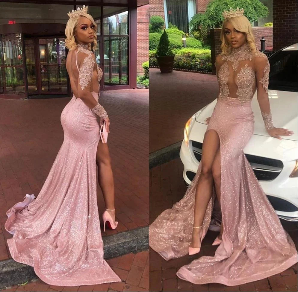 Pink High Neck Lace Evening Party Gowns Mermaid Long Evening Gowns With Slit-BallBride