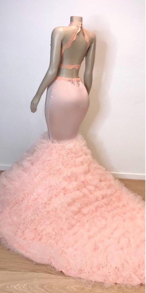 Pink High Neck Mermaid Prom Dress with Lace Appliques and Tulle Evening Gowns-BallBride