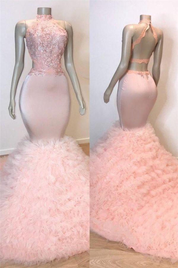 Pink High Neck Mermaid Prom Dress with Lace Appliques and Tulle Evening Gowns-BallBride