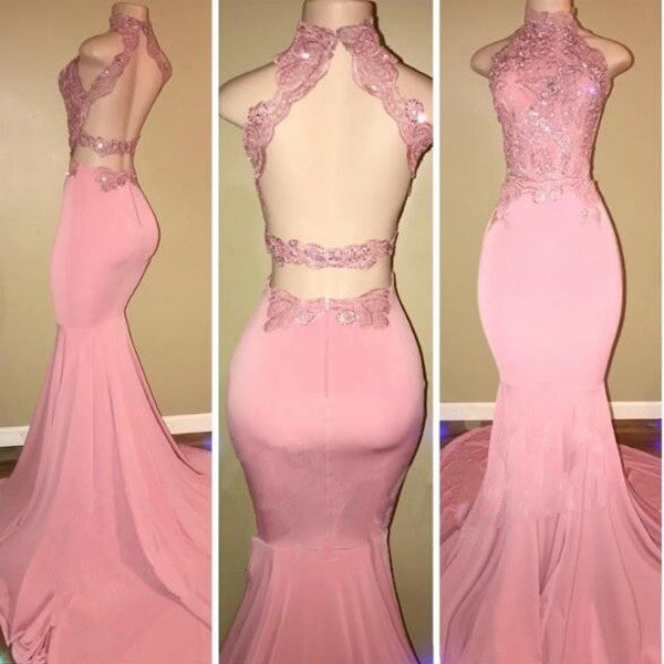 Pink High Neck Open Back Sleeveless Appliques Prom Dresses-BallBride