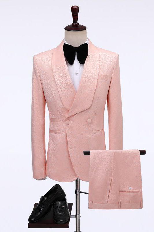 Pink Jacquard Shawl Lapel Wedding Suit With Double Breasted-BallBride