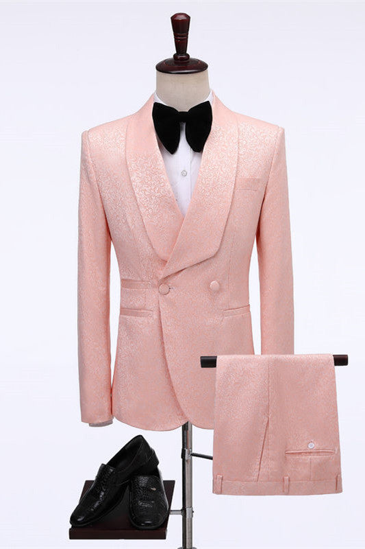 Pink Jacquard Shawl Lapel Wedding Suit With Double Breasted-BallBride