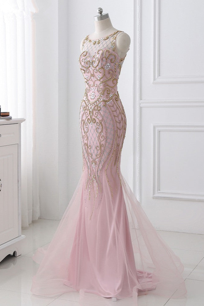 Pink Jewel Sleeveless Prom Dress Mermaid with Beadings and Rhinestone-BallBride