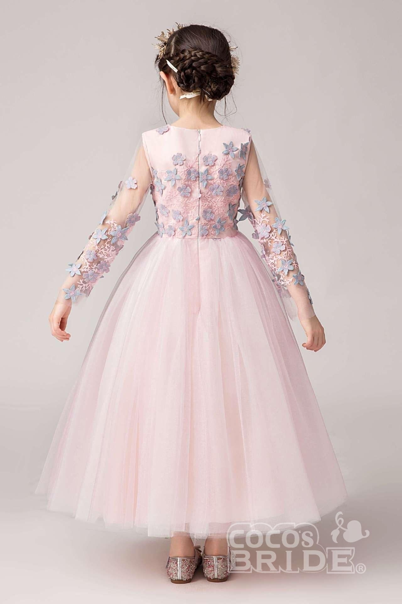 Pink Long Sleeves Ball Gown Flower Girls Dress-BallBride