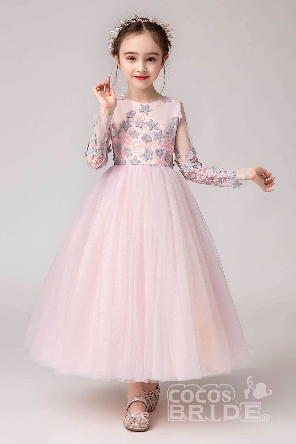 Pink Long Sleeves Ball Gown Flower Girls Dress-BallBride