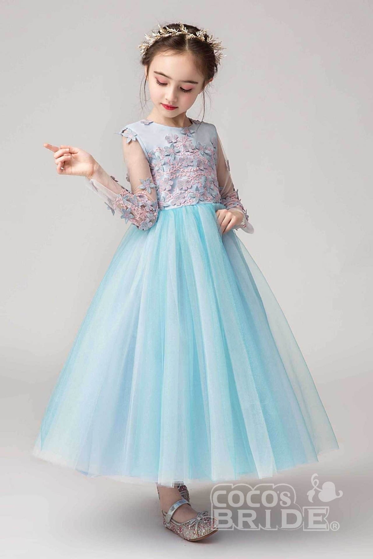 Pink Long Sleeves Ball Gown Flower Girls Dress-BallBride