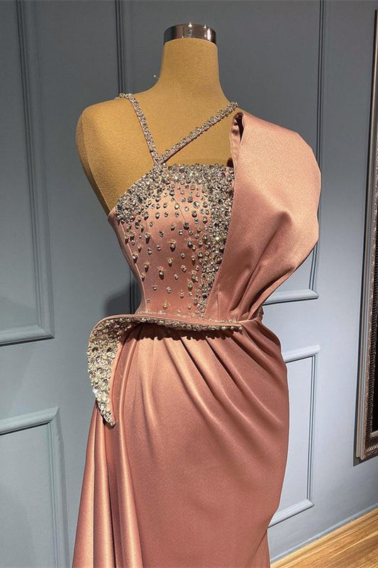 Pink Mermaid Spaghetti-Straps Prom Dress With Beads-BallBride