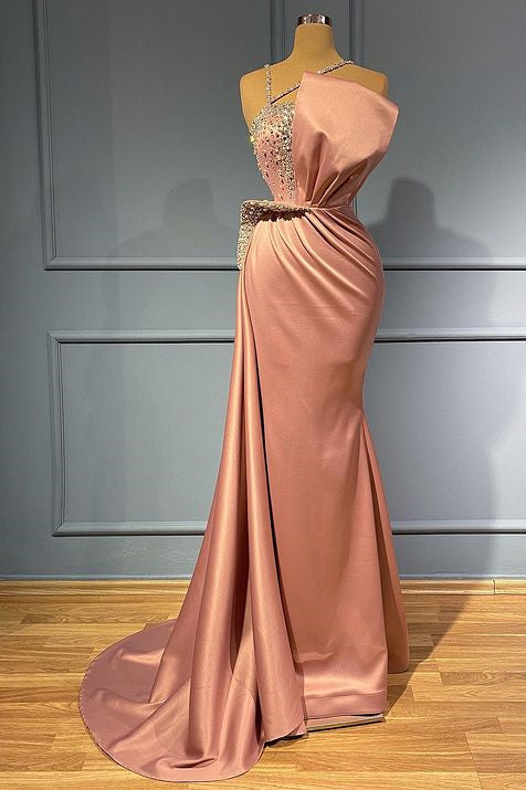 Pink Mermaid Spaghetti-Straps Prom Dress With Beads-BallBride