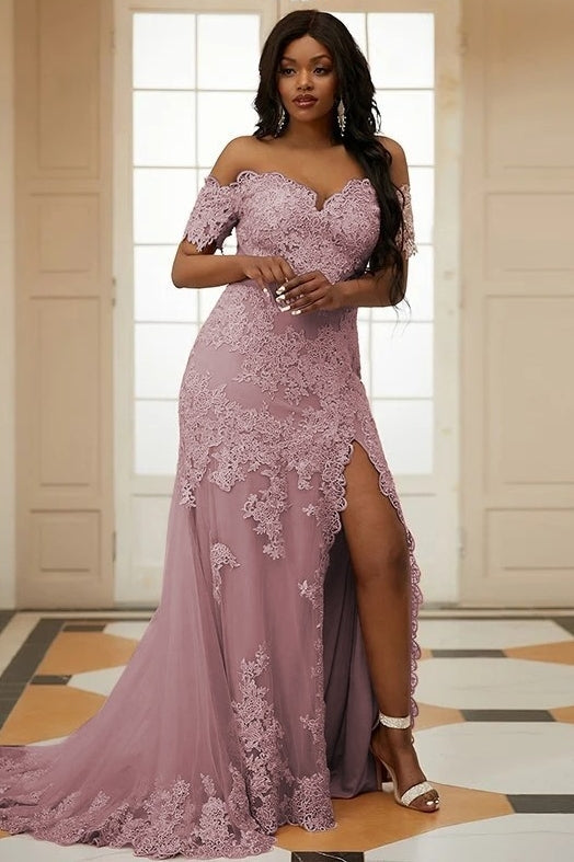 Pink Off Shoulder Tulle Appliques Side Slit Bespoke Prom Dresses-BallBride