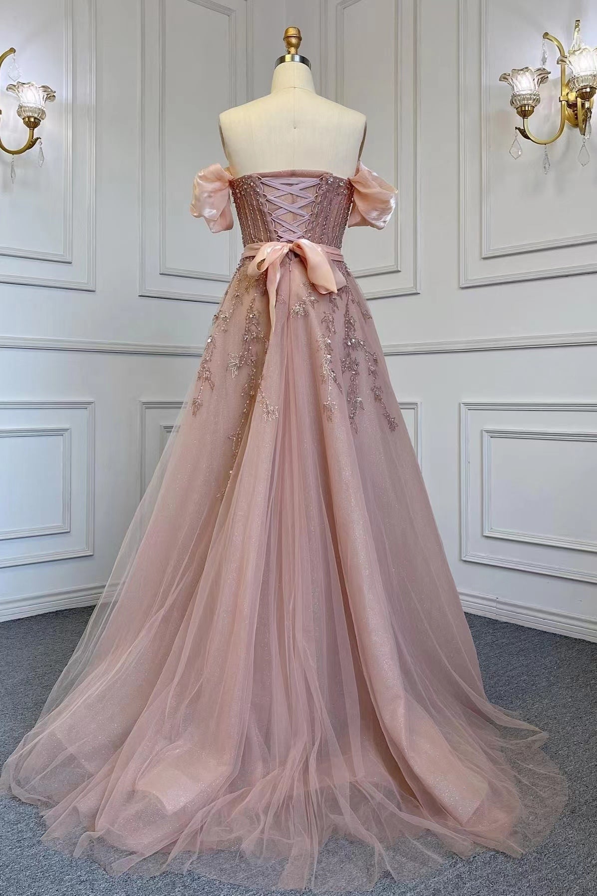 Pink Off-The-Shoulder Bubble Sleeves Prom Dress with Sequins and Tulle Belt-BallBride